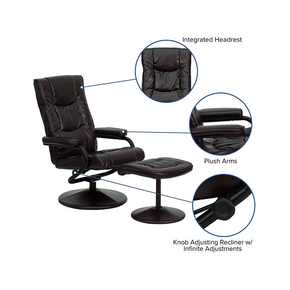 Contemporary Multi-Position Recliner and Ottoman with Wrapped Base in Brown LeatherSoft