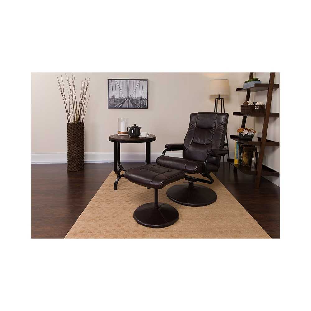 Contemporary Multi-Position Recliner and Ottoman with Wrapped Base in Brown LeatherSoft