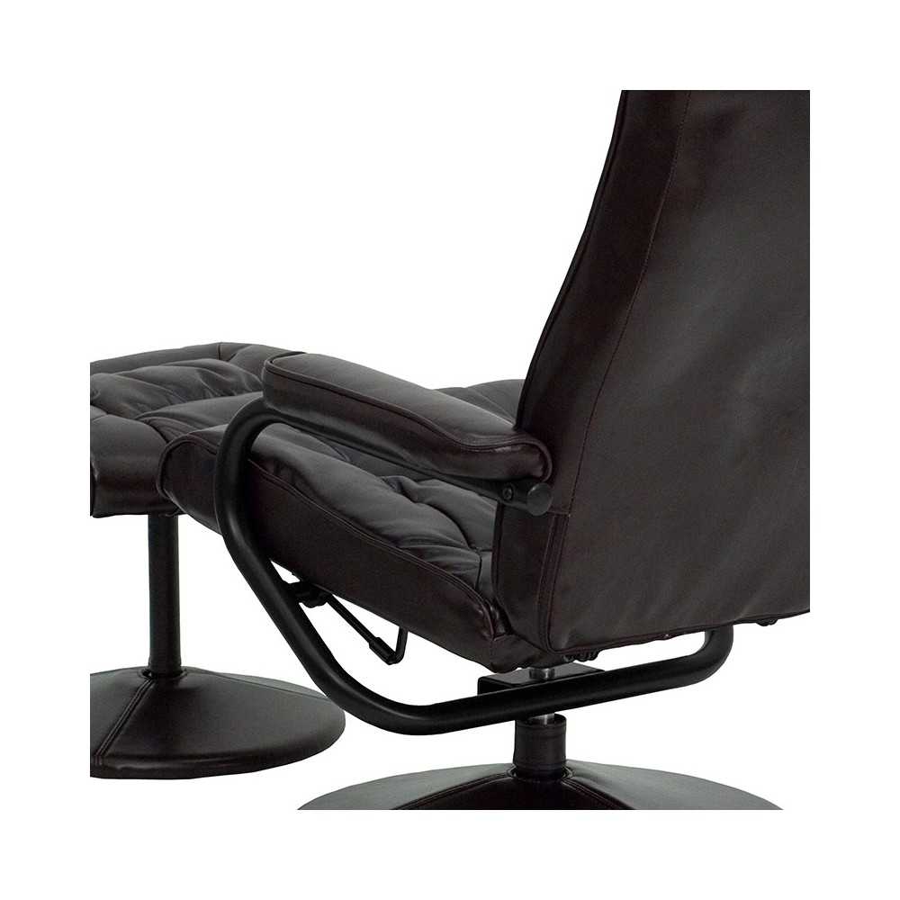Contemporary Multi-Position Recliner and Ottoman with Wrapped Base in Brown LeatherSoft