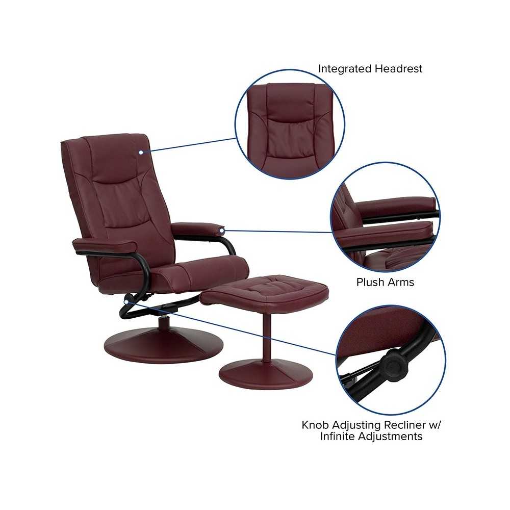 Contemporary Multi-Position Recliner and Ottoman with Wrapped Base in Burgundy LeatherSoft