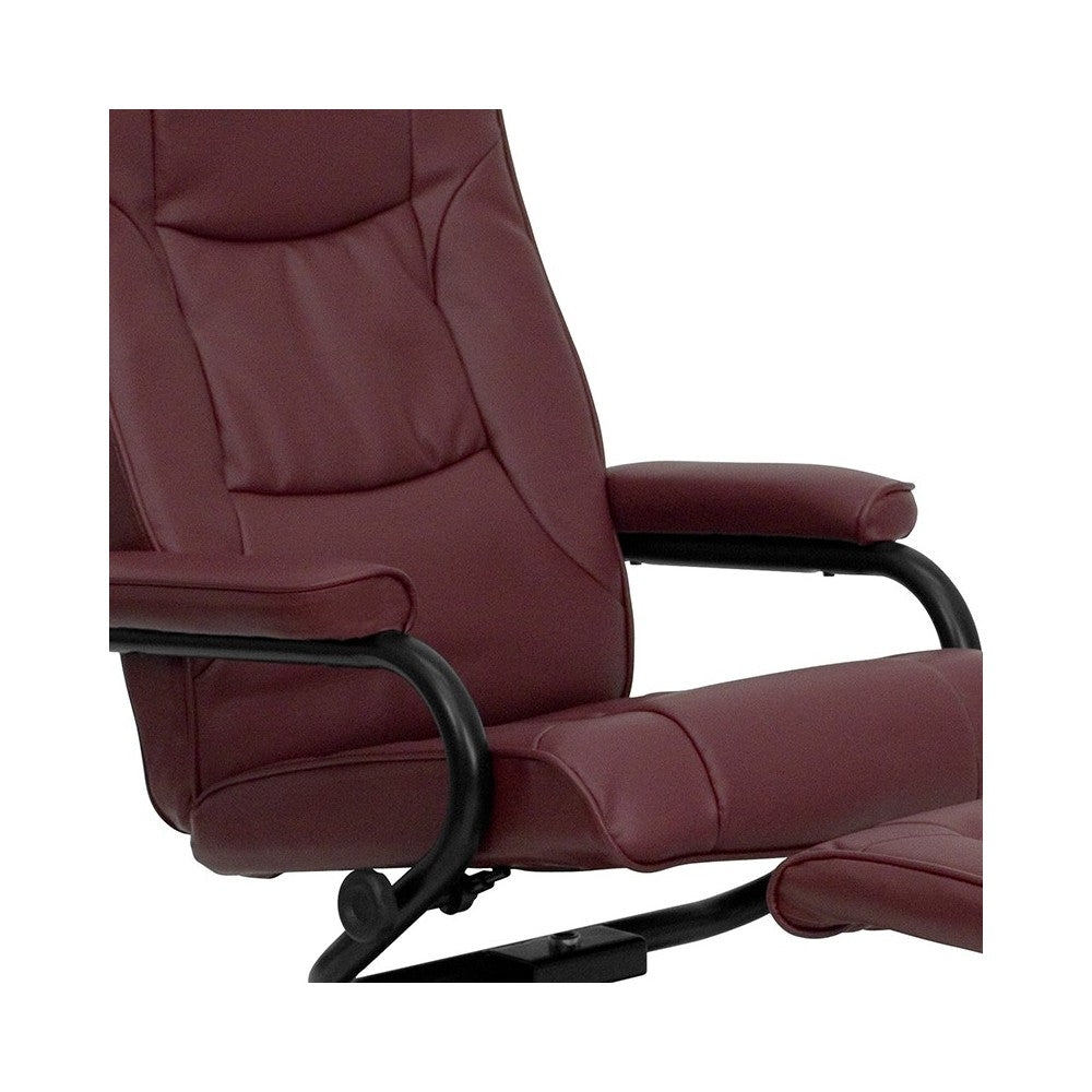 Contemporary Multi-Position Recliner and Ottoman with Wrapped Base in Burgundy LeatherSoft