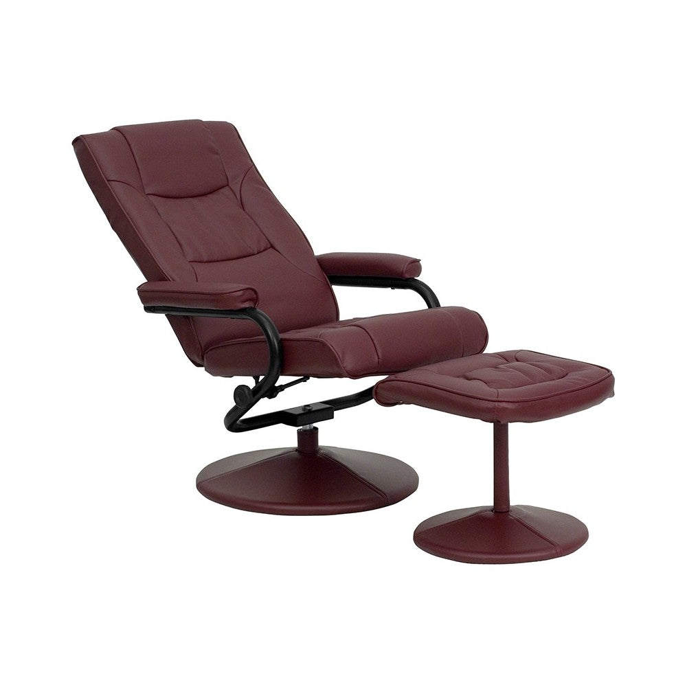 Contemporary Multi-Position Recliner and Ottoman with Wrapped Base in Burgundy LeatherSoft