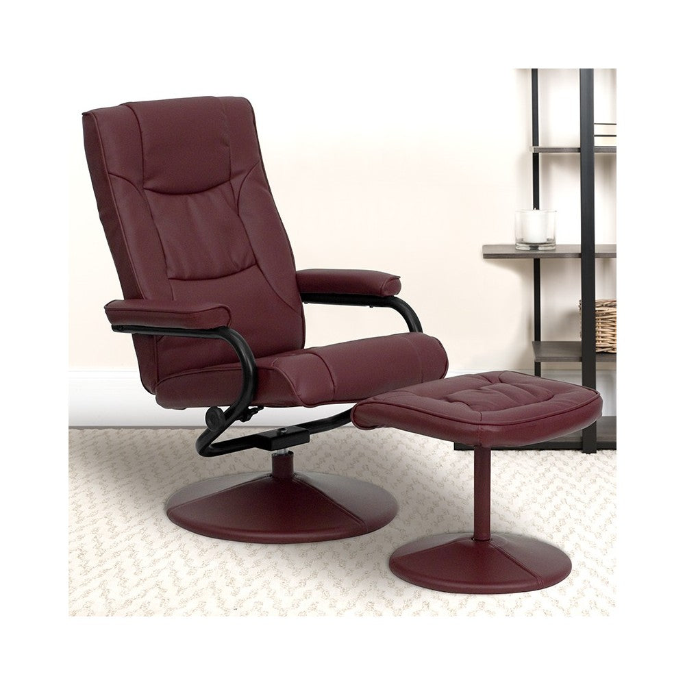 Contemporary Multi-Position Recliner and Ottoman with Wrapped Base in Burgundy LeatherSoft