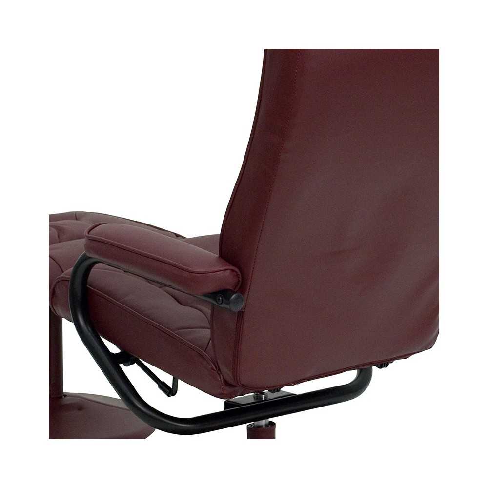 Contemporary Multi-Position Recliner and Ottoman with Wrapped Base in Burgundy LeatherSoft