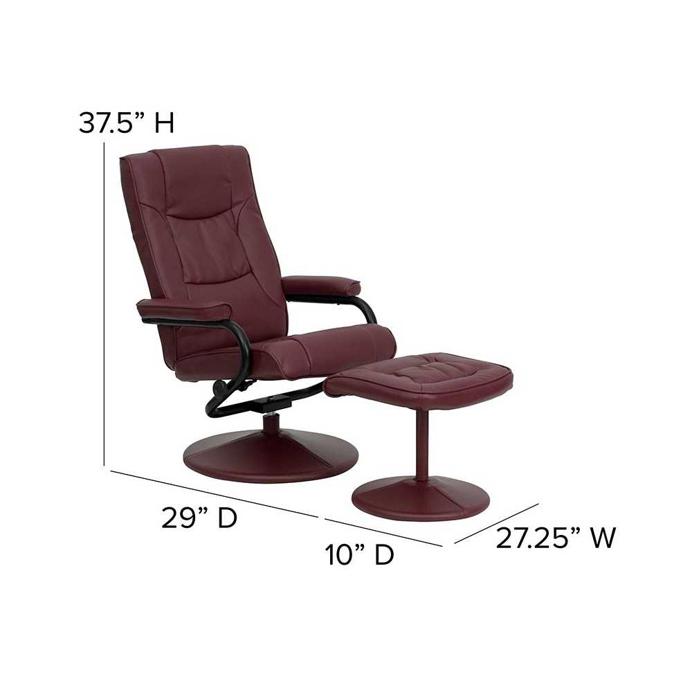 Contemporary Multi-Position Recliner and Ottoman with Wrapped Base in Burgundy LeatherSoft