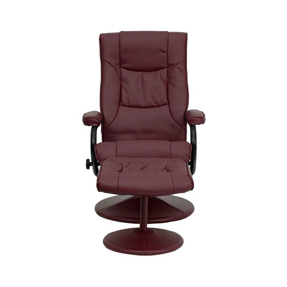 Contemporary Multi-Position Recliner and Ottoman with Wrapped Base in Burgundy LeatherSoft