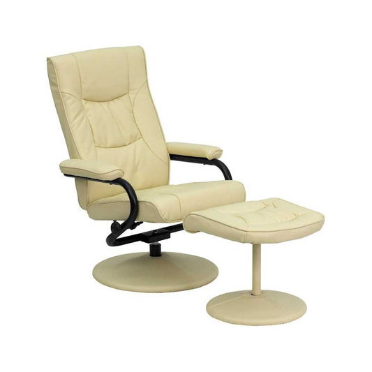 Contemporary Multi-Position Recliner and Ottoman with Wrapped Base in Cream LeatherSoft