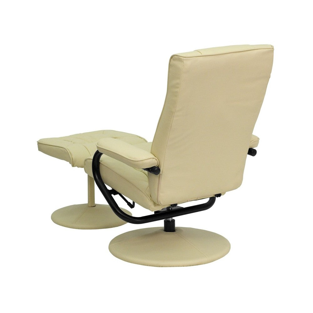 Contemporary Multi-Position Recliner and Ottoman with Wrapped Base in Cream LeatherSoft
