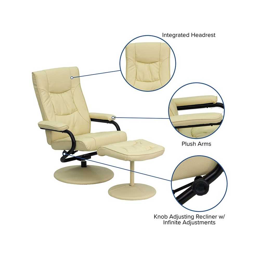 Contemporary Multi-Position Recliner and Ottoman with Wrapped Base in Cream LeatherSoft