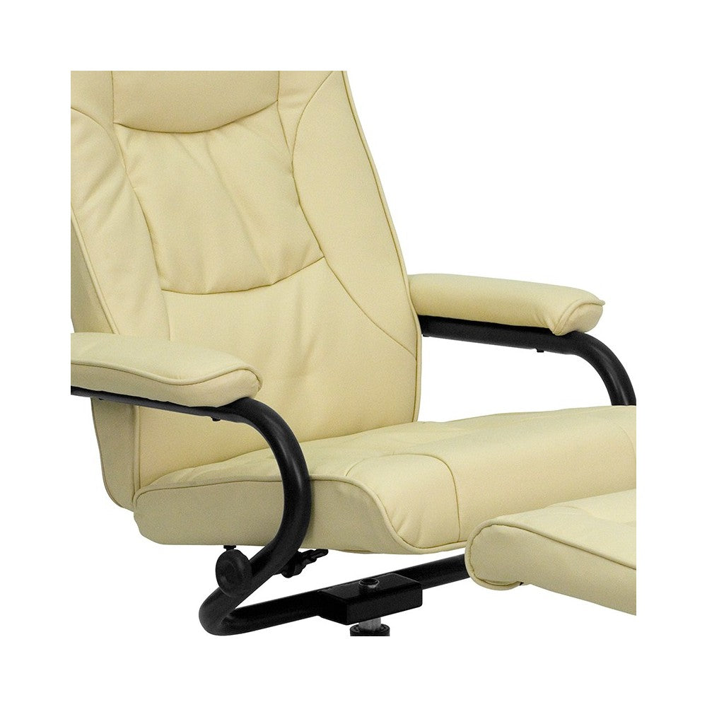 Contemporary Multi-Position Recliner and Ottoman with Wrapped Base in Cream LeatherSoft