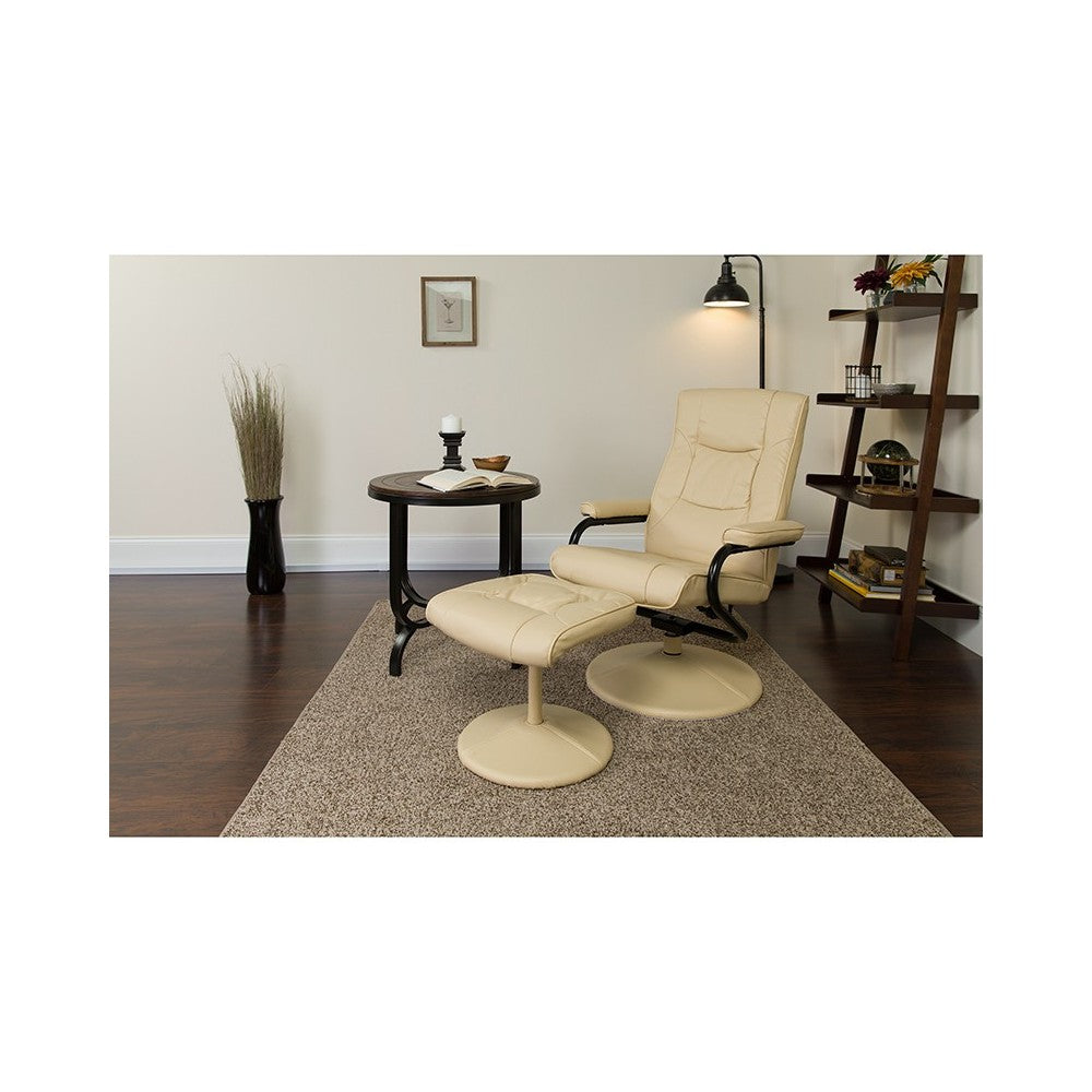 Contemporary Multi-Position Recliner and Ottoman with Wrapped Base in Cream LeatherSoft