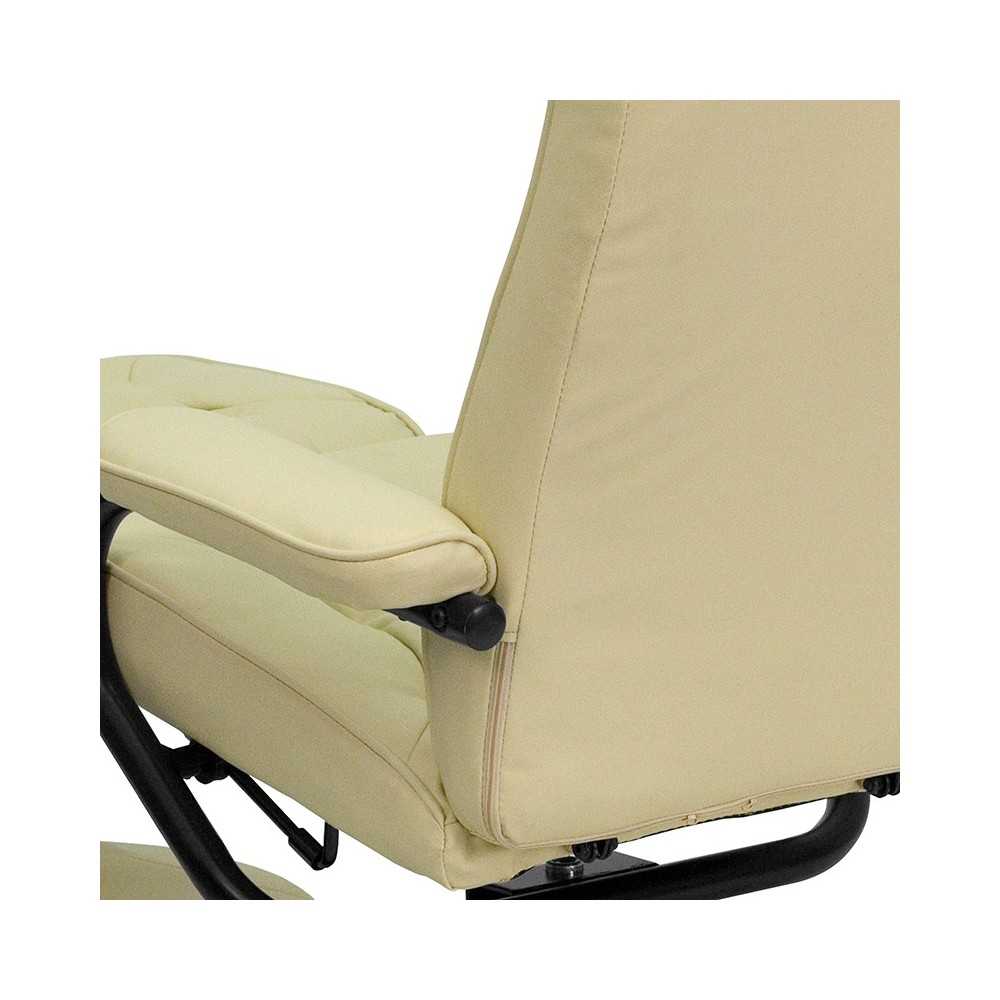Contemporary Multi-Position Recliner and Ottoman with Wrapped Base in Cream LeatherSoft
