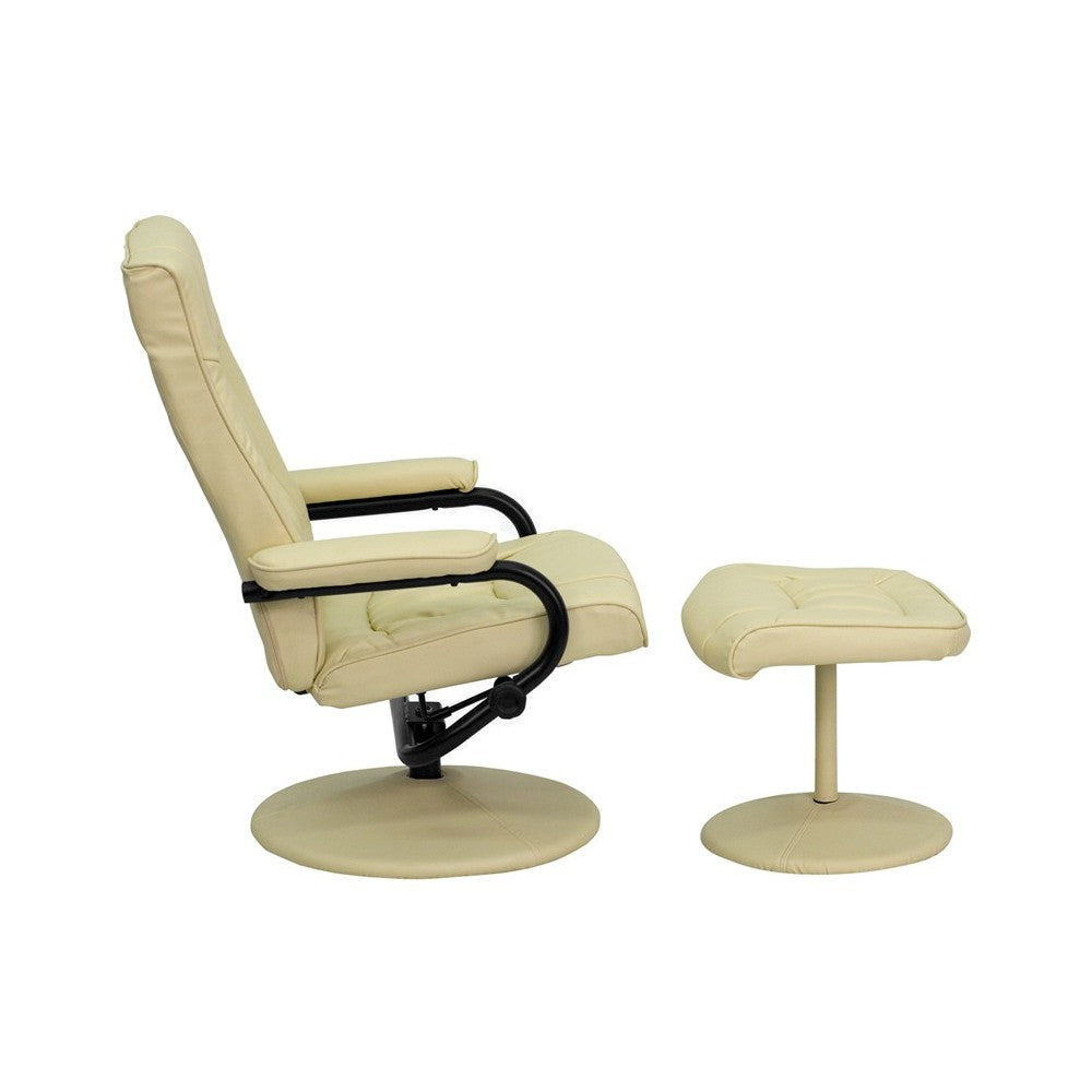 Contemporary Multi-Position Recliner and Ottoman with Wrapped Base in Cream LeatherSoft