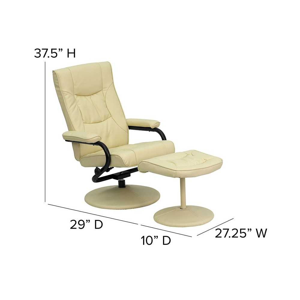 Contemporary Multi-Position Recliner and Ottoman with Wrapped Base in Cream LeatherSoft