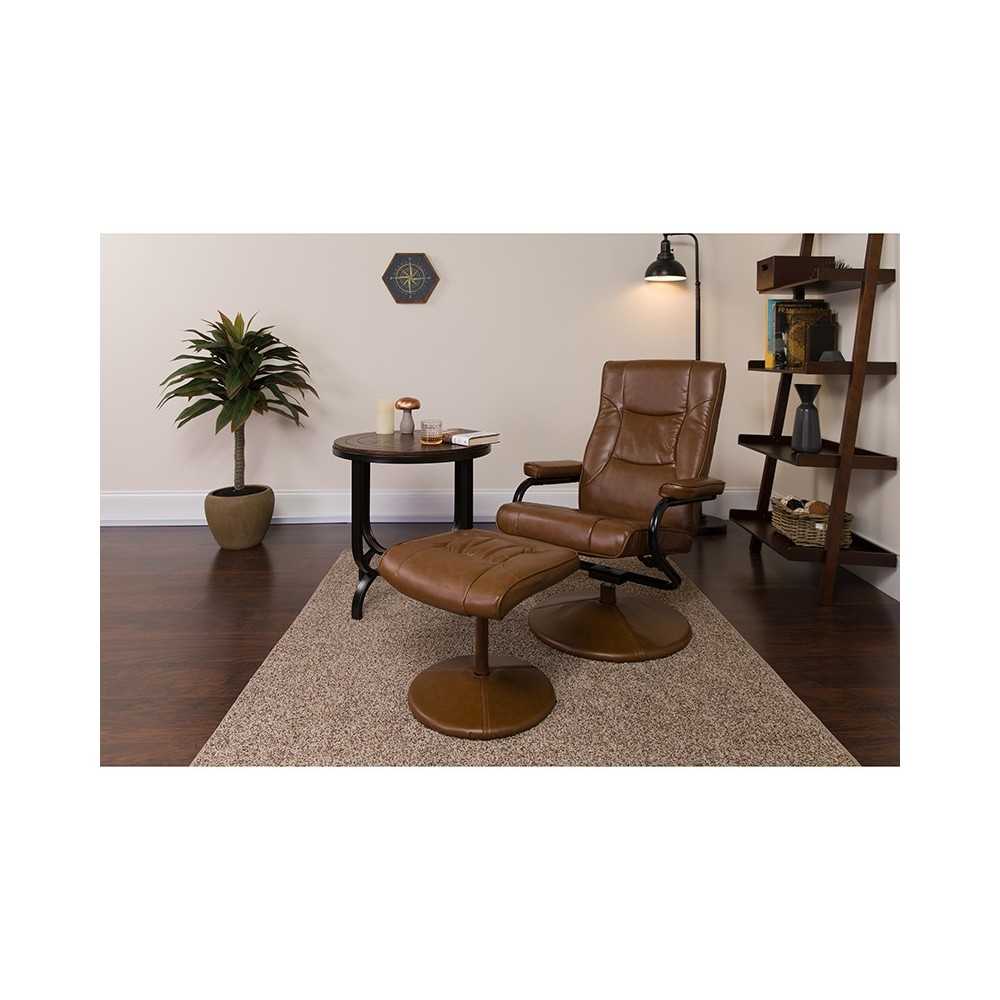 Contemporary Multi-Position Recliner and Ottoman with Wrapped Base in Palimino LeatherSoft