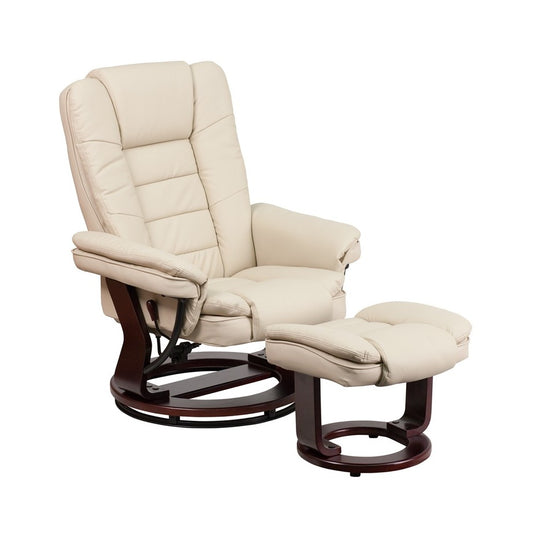 Contemporary Multi-Position Recliner with Horizontal Stitching and Ottoman with Swivel Mahogany Wood Base in Beige LeatherSoft