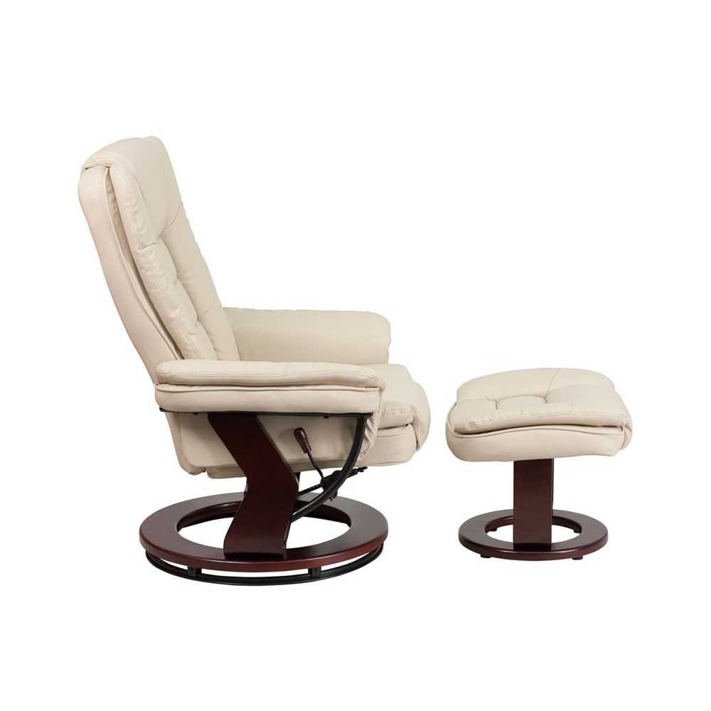 Contemporary Multi-Position Recliner with Horizontal Stitching and Ottoman with Swivel Mahogany Wood Base in Beige LeatherSoft