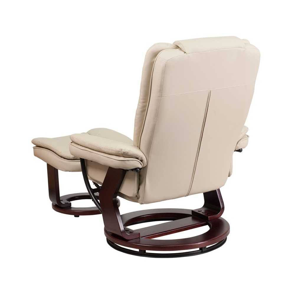 Contemporary Multi-Position Recliner with Horizontal Stitching and Ottoman with Swivel Mahogany Wood Base in Beige LeatherSoft