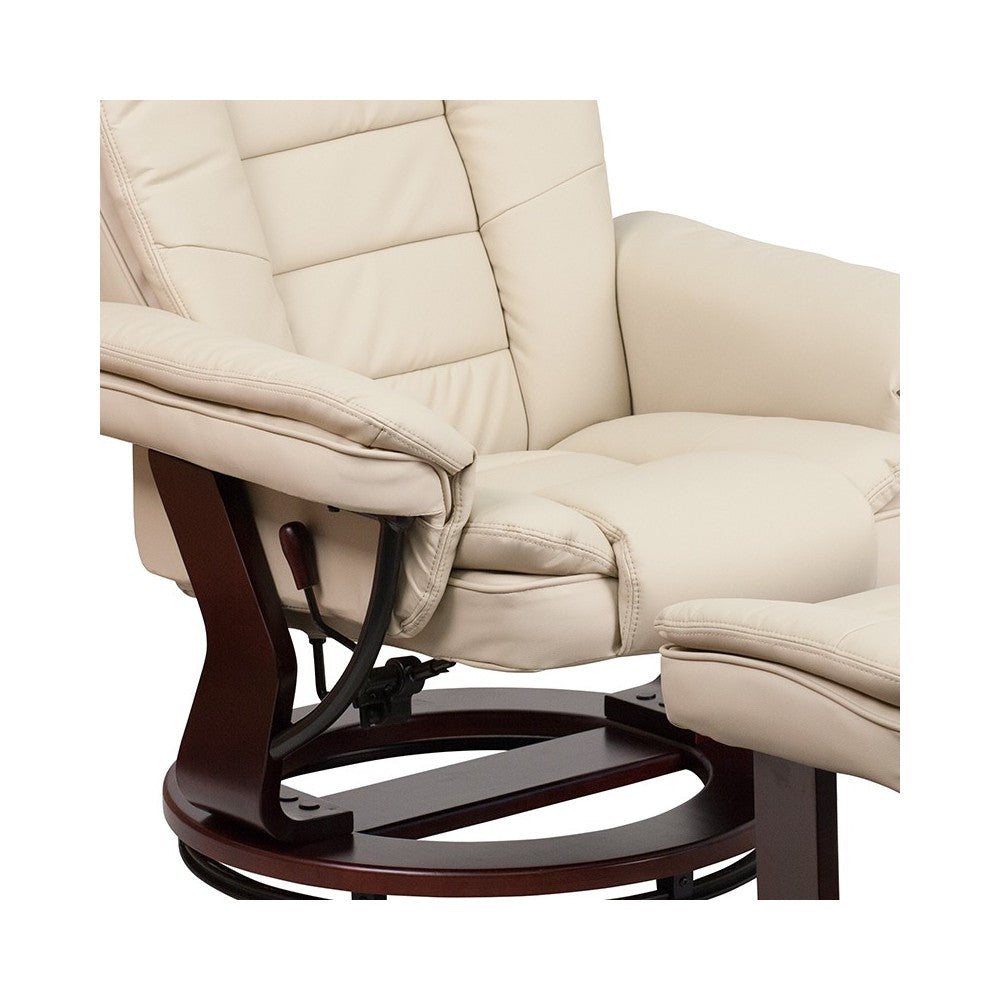 Contemporary Multi-Position Recliner with Horizontal Stitching and Ottoman with Swivel Mahogany Wood Base in Beige LeatherSoft