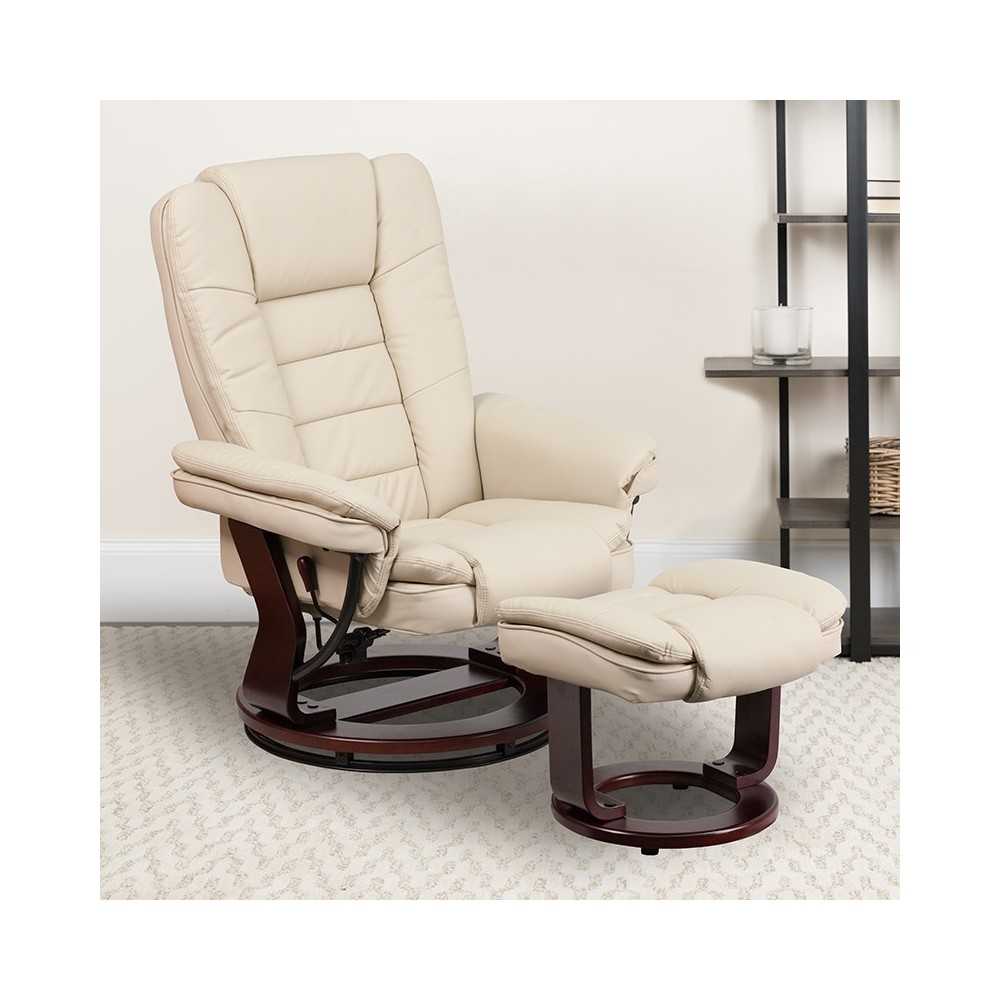 Contemporary Multi-Position Recliner with Horizontal Stitching and Ottoman with Swivel Mahogany Wood Base in Beige LeatherSoft