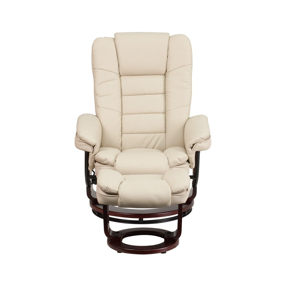 Contemporary Multi-Position Recliner with Horizontal Stitching and Ottoman with Swivel Mahogany Wood Base in Beige LeatherSoft