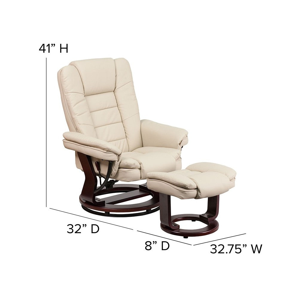 Contemporary Multi-Position Recliner with Horizontal Stitching and Ottoman with Swivel Mahogany Wood Base in Beige LeatherSoft