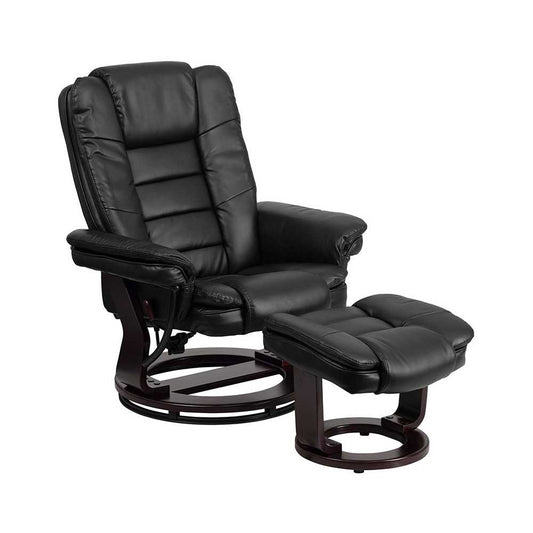 Contemporary Multi-Position Recliner with Horizontal Stitching and Ottoman with Swivel Mahogany Wood Base in Black LeatherSoft