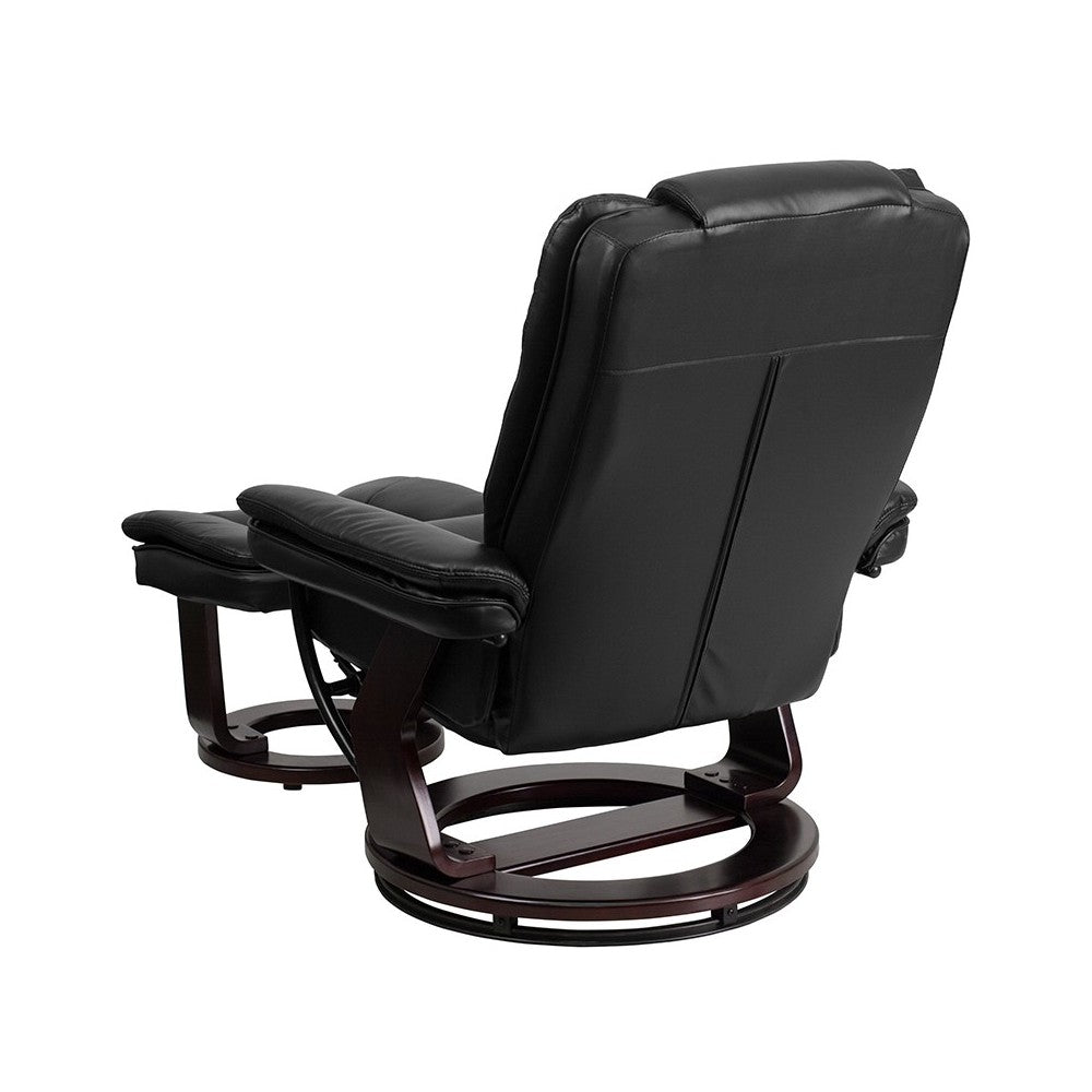 Contemporary Multi-Position Recliner with Horizontal Stitching and Ottoman with Swivel Mahogany Wood Base in Black LeatherSoft