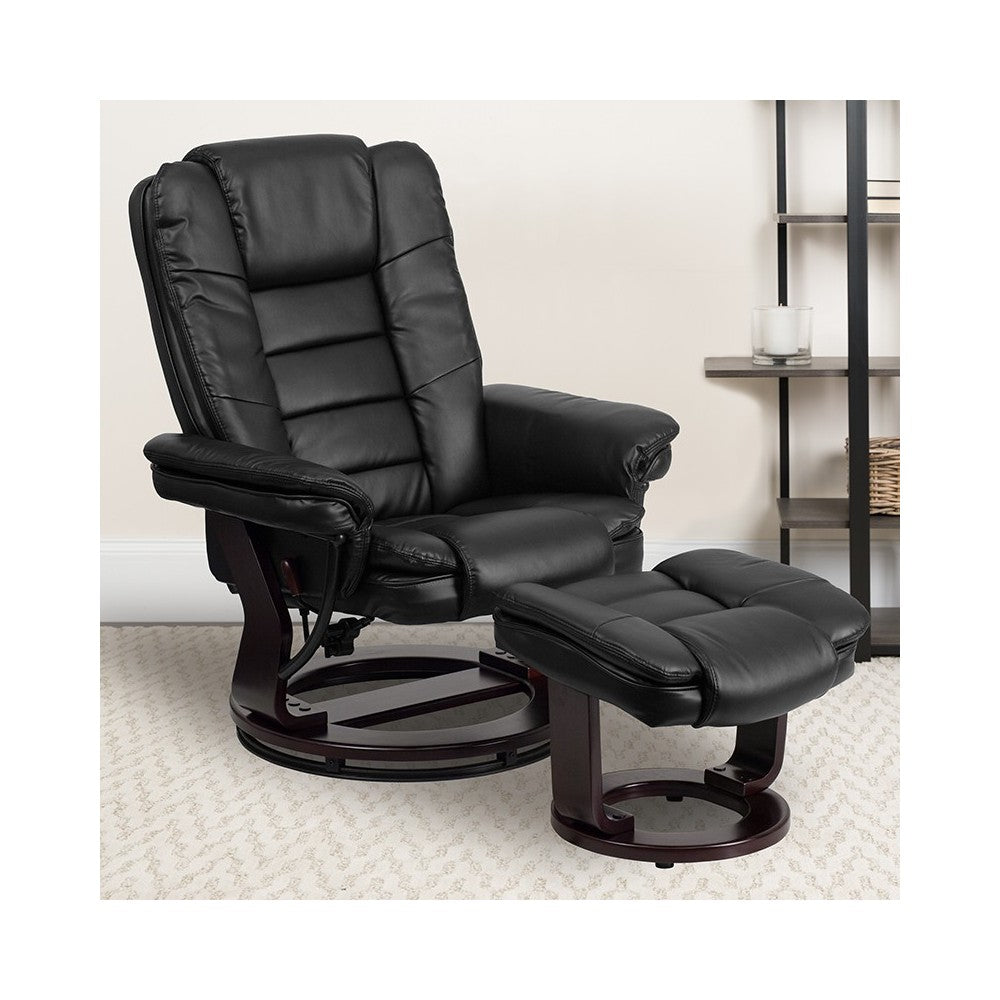 Contemporary Multi-Position Recliner with Horizontal Stitching and Ottoman with Swivel Mahogany Wood Base in Black LeatherSoft