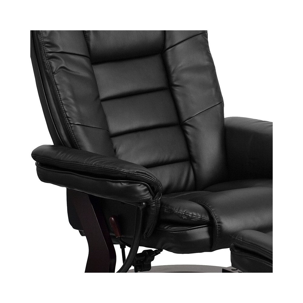 Contemporary Multi-Position Recliner with Horizontal Stitching and Ottoman with Swivel Mahogany Wood Base in Black LeatherSoft