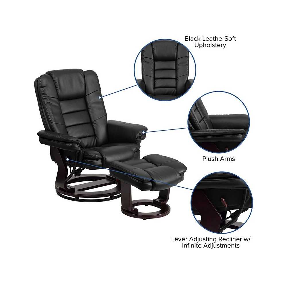 Contemporary Multi-Position Recliner with Horizontal Stitching and Ottoman with Swivel Mahogany Wood Base in Black LeatherSoft