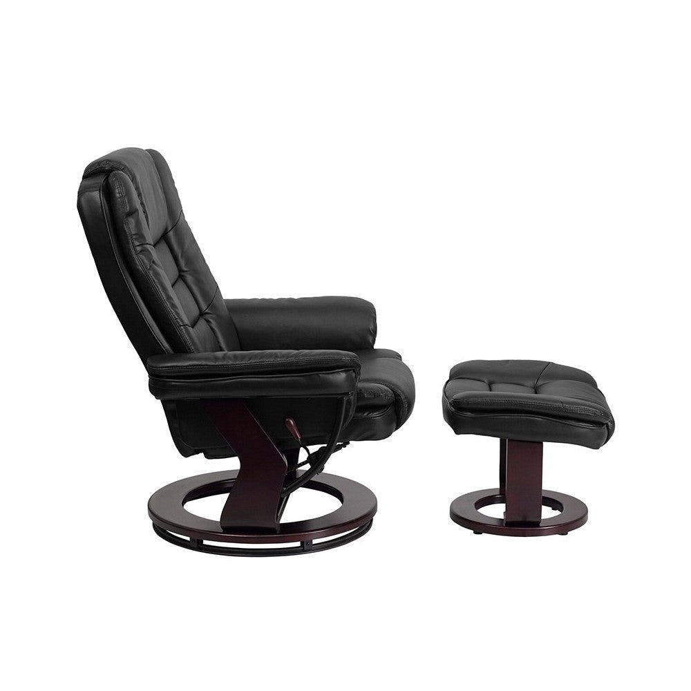 Contemporary Multi-Position Recliner with Horizontal Stitching and Ottoman with Swivel Mahogany Wood Base in Black LeatherSoft