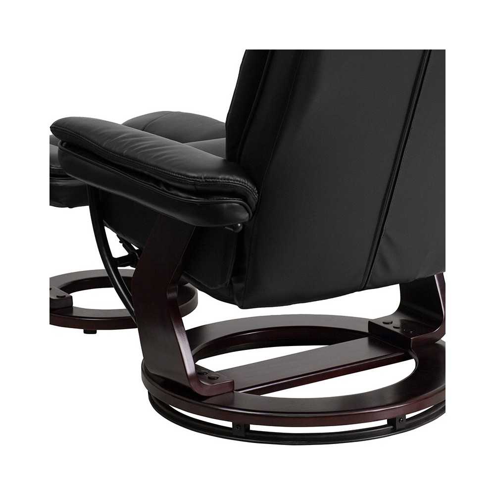 Contemporary Multi-Position Recliner with Horizontal Stitching and Ottoman with Swivel Mahogany Wood Base in Black LeatherSoft