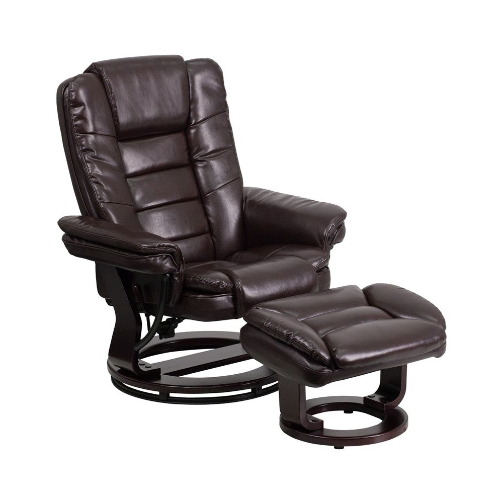 Contemporary Multi-Position Recliner with Horizontal Stitching and Ottoman with Swivel Mahogany Wood Base in Brown LeatherSoft