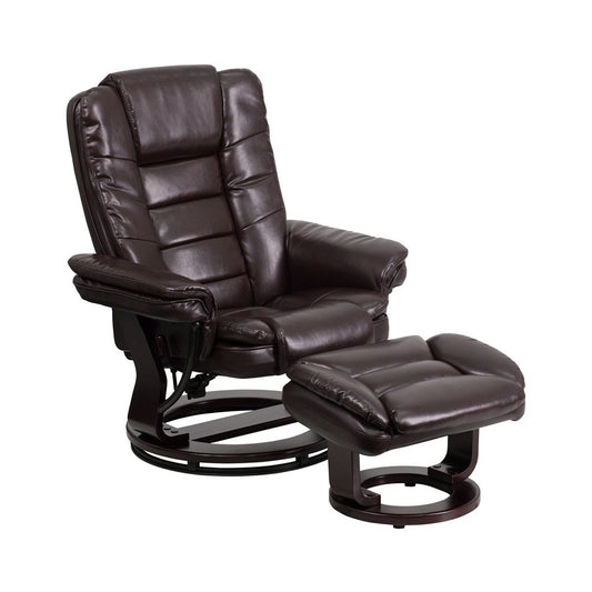 Contemporary Multi-Position Recliner with Horizontal Stitching and Ottoman with Swivel Mahogany Wood Base in Brown LeatherSoft
