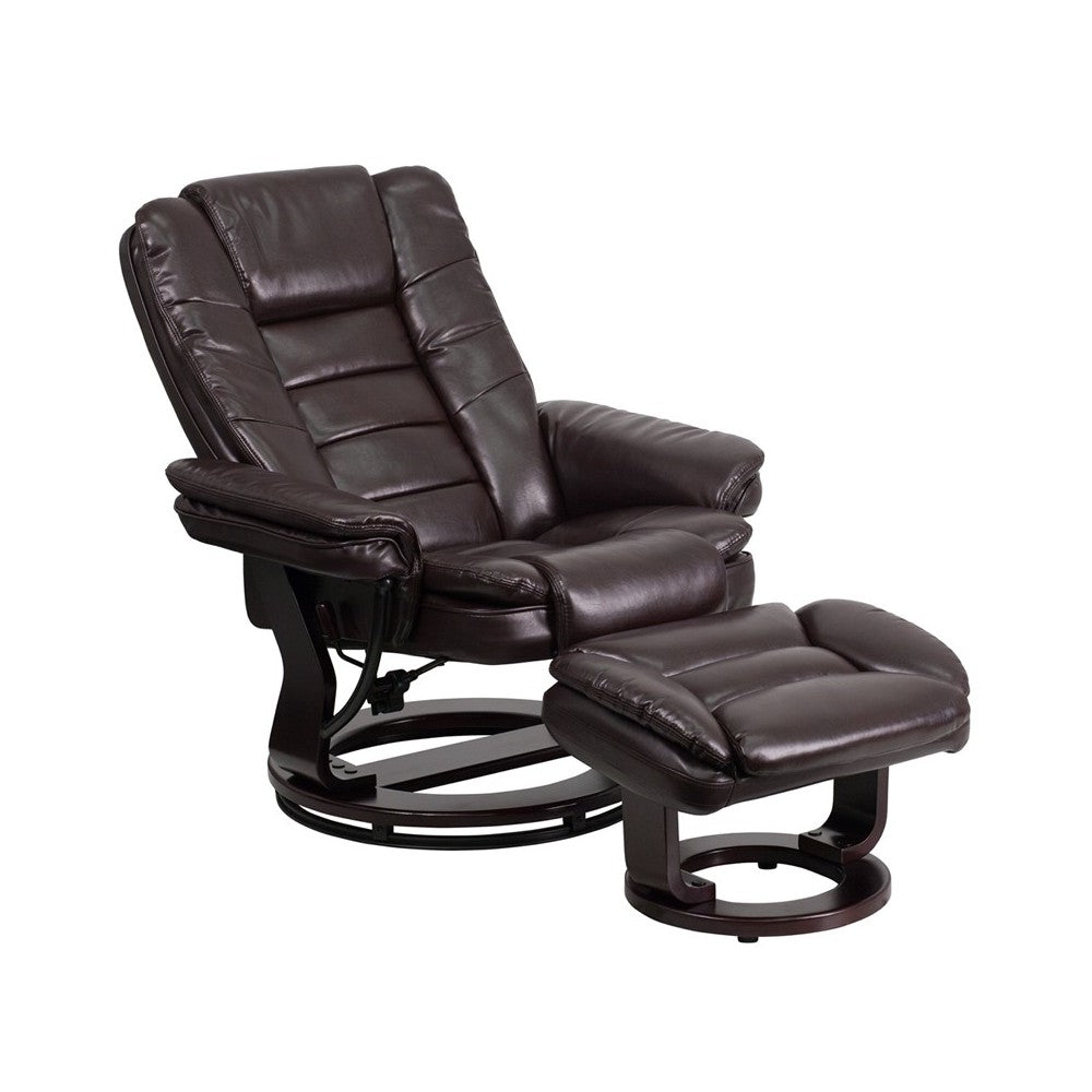 Contemporary Multi-Position Recliner with Horizontal Stitching and Ottoman with Swivel Mahogany Wood Base in Brown LeatherSoft