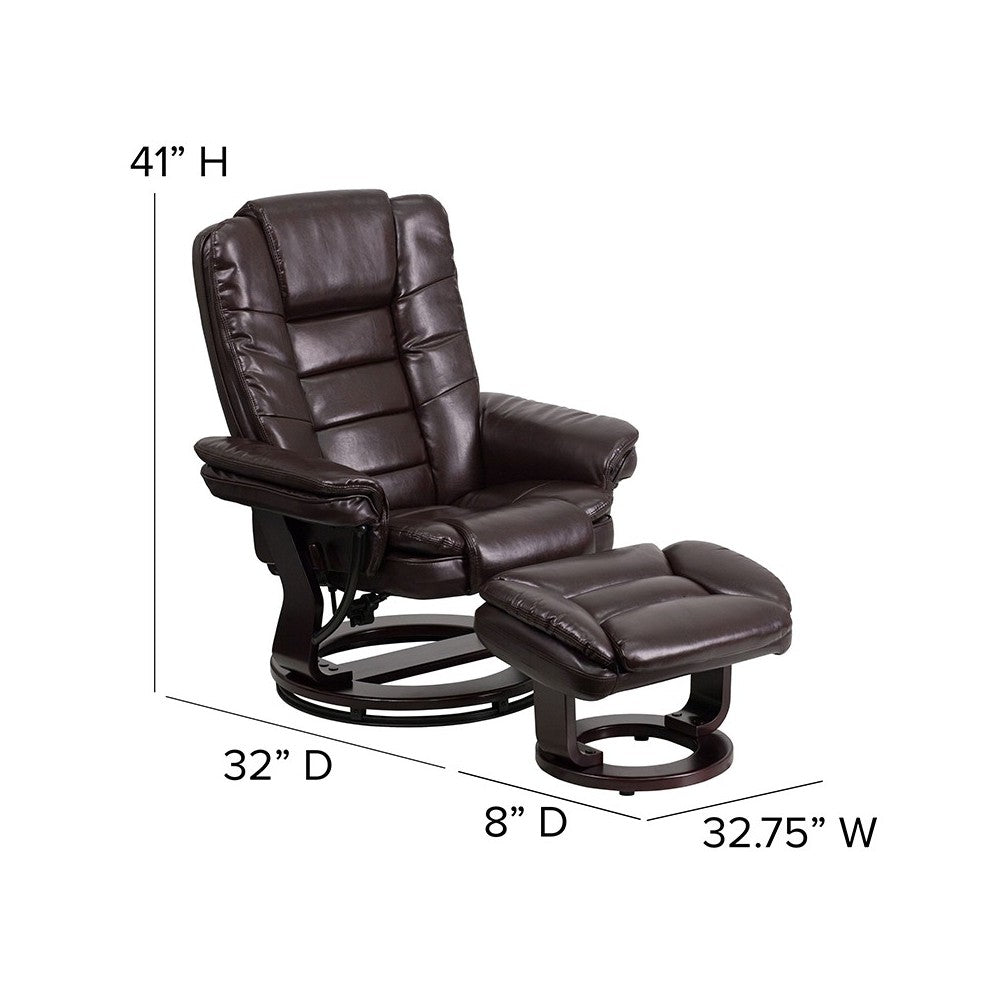 Contemporary Multi-Position Recliner with Horizontal Stitching and Ottoman with Swivel Mahogany Wood Base in Brown LeatherSoft