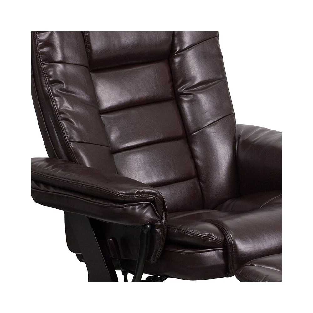 Contemporary Multi-Position Recliner with Horizontal Stitching and Ottoman with Swivel Mahogany Wood Base in Brown LeatherSoft