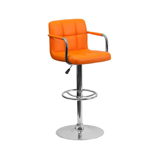 Contemporary Orange Quilted Vinyl Adjustable Height Barstool with Arms and Chrome Base