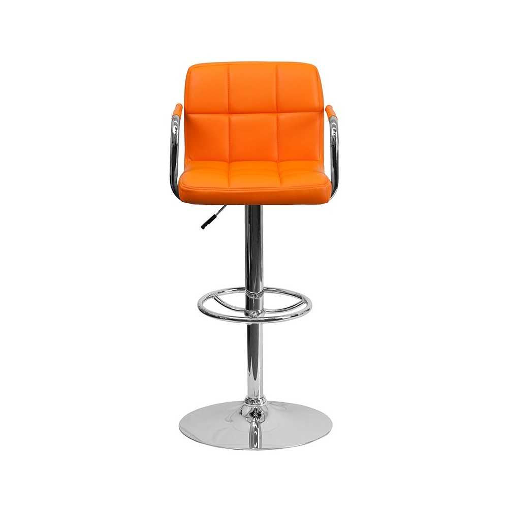 Contemporary Orange Quilted Vinyl Adjustable Height Barstool with Arms and Chrome Base