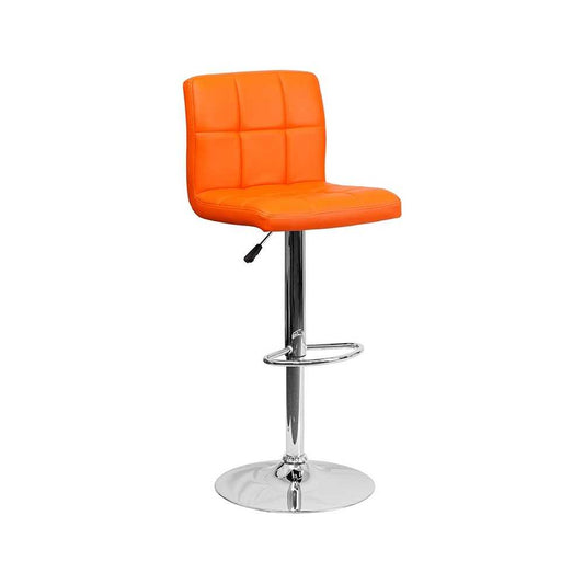 Contemporary Orange Quilted Vinyl Adjustable Height Barstool with Chrome Base