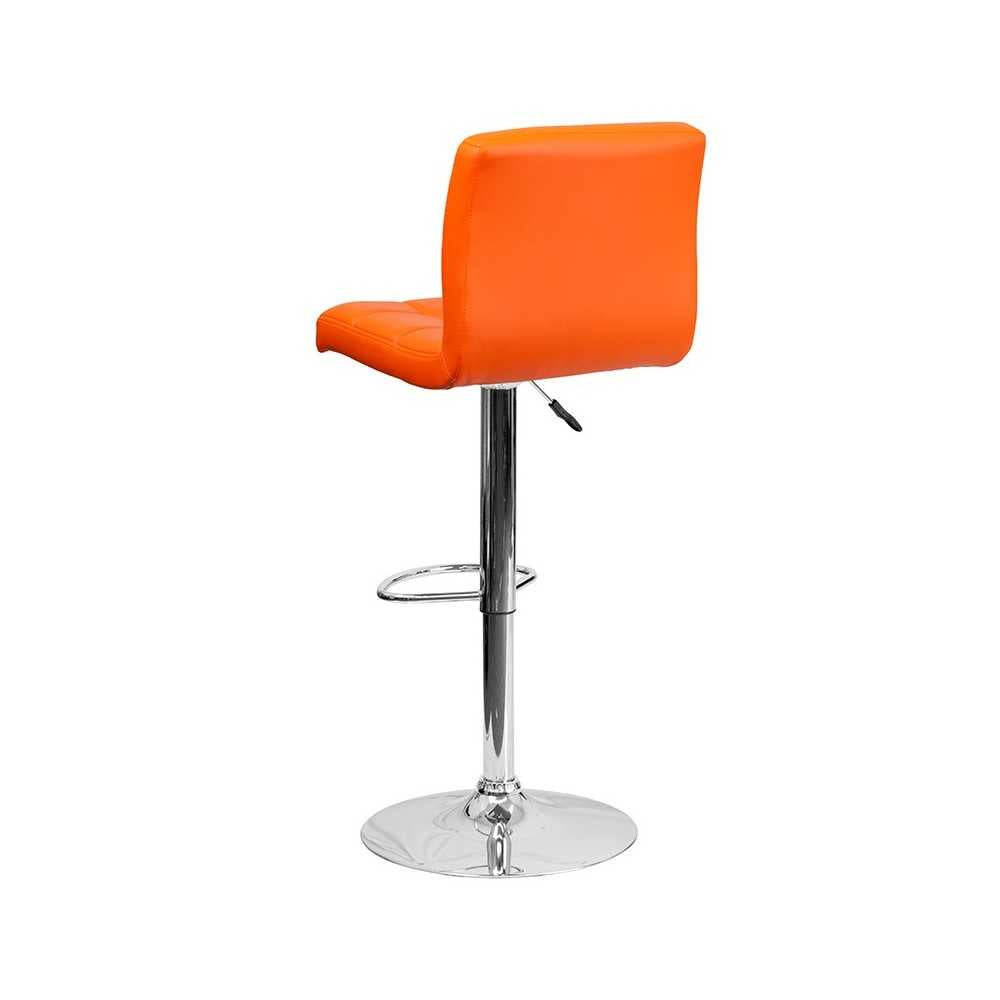 Contemporary Orange Quilted Vinyl Adjustable Height Barstool with Chrome Base