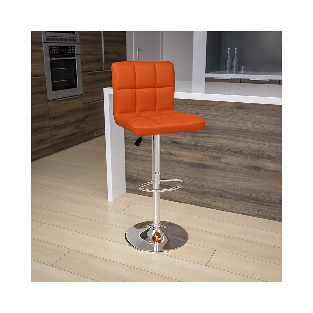 Contemporary Orange Quilted Vinyl Adjustable Height Barstool with Chrome Base