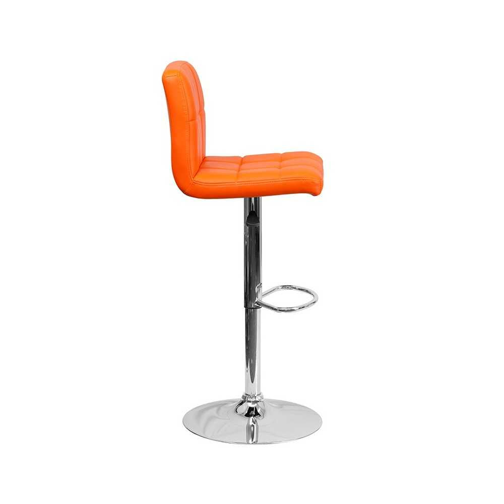 Contemporary Orange Quilted Vinyl Adjustable Height Barstool with Chrome Base