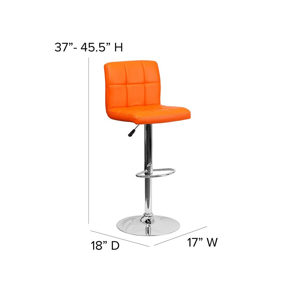 Contemporary Orange Quilted Vinyl Adjustable Height Barstool with Chrome Base