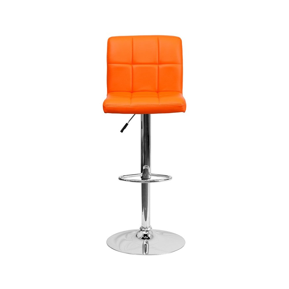 Contemporary Orange Quilted Vinyl Adjustable Height Barstool with Chrome Base