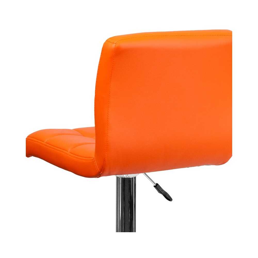 Contemporary Orange Quilted Vinyl Adjustable Height Barstool with Chrome Base