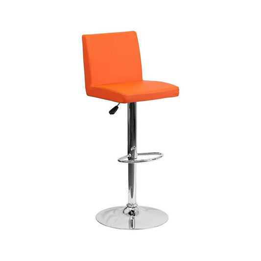 Contemporary Orange Vinyl Adjustable Height Barstool with Panel Back and Chrome Base