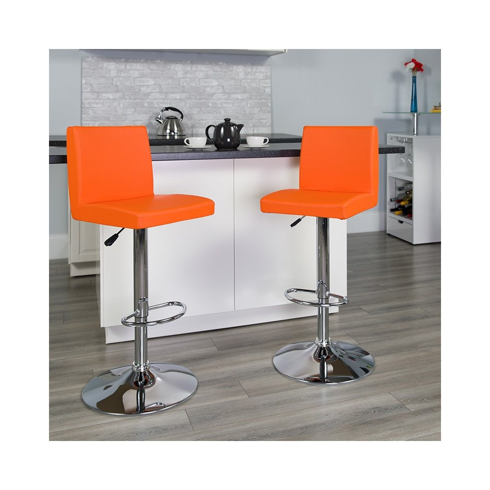 Contemporary Orange Vinyl Adjustable Height Barstool with Panel Back and Chrome Base