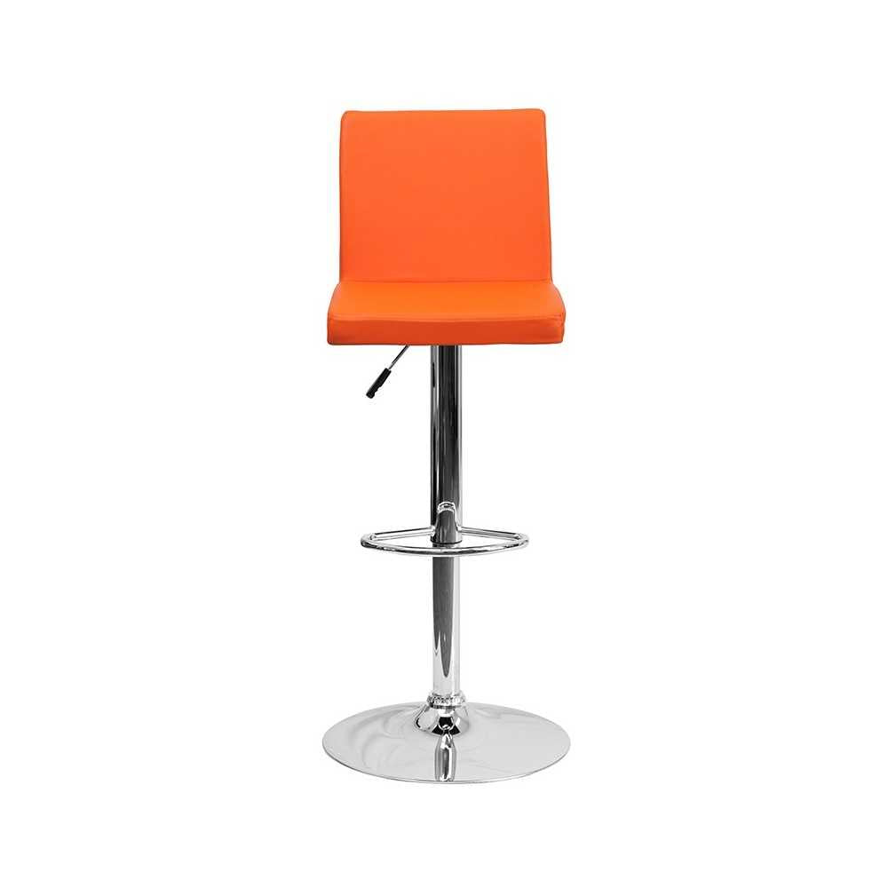 Contemporary Orange Vinyl Adjustable Height Barstool with Panel Back and Chrome Base